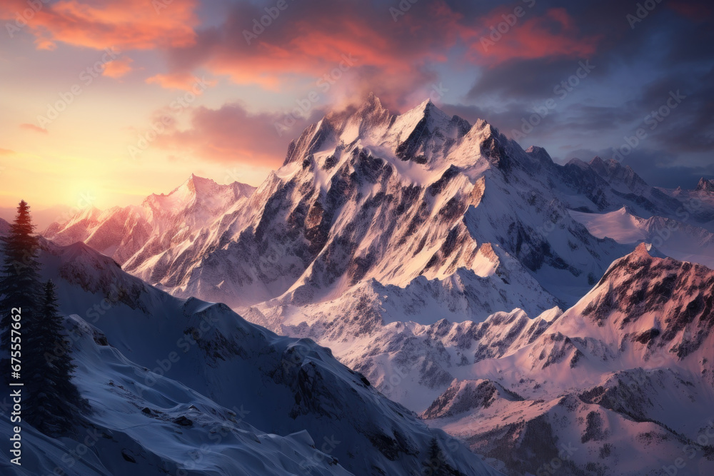 The last light of the day kissing the mountaintops, creating a breathtaking alpine sunset. Concept of mountain vistas and natural wonders. Generative Ai.