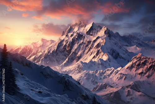 The last light of the day kissing the mountaintops, creating a breathtaking alpine sunset. Concept of mountain vistas and natural wonders. Generative Ai. © Sebastian