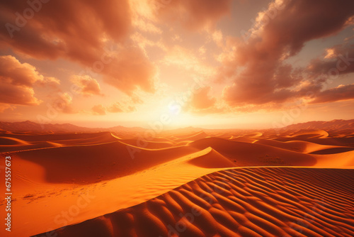 The sun's descent over a desert landscape, creating a silhouette of towering sand dunes. Concept of arid beauty and solitude. Generative Ai.