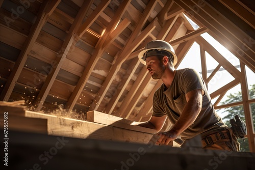 European man in hard hat is working with wooden roof covering in modern loft building