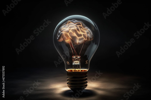 Human Brain Glowing inside Light Bulb, Artificial Intelligence and Creative Idea Concept, Generative AI