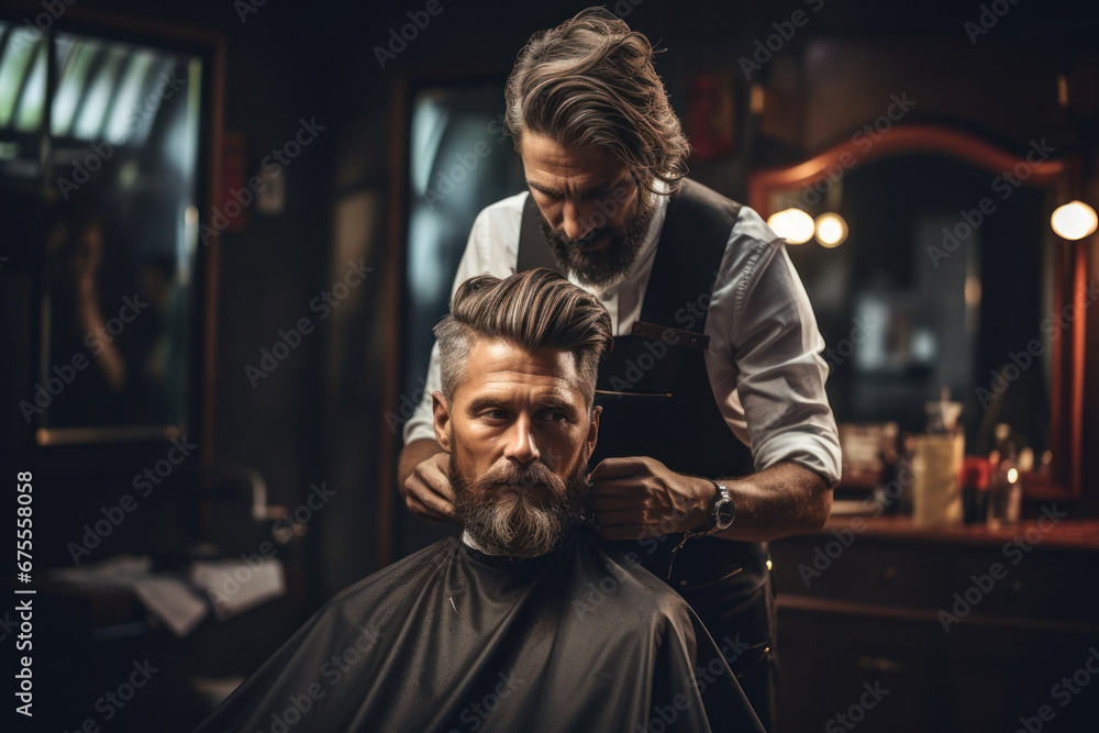 A barber carefully trimming a client's hair, creating a clean and polished look. Concept of hairstyling and personal grooming. Generative Ai. A barber carefully trimming a client's hair, creating a clean and polished look. Concept of hairstyling and personal grooming. Generative Ai.