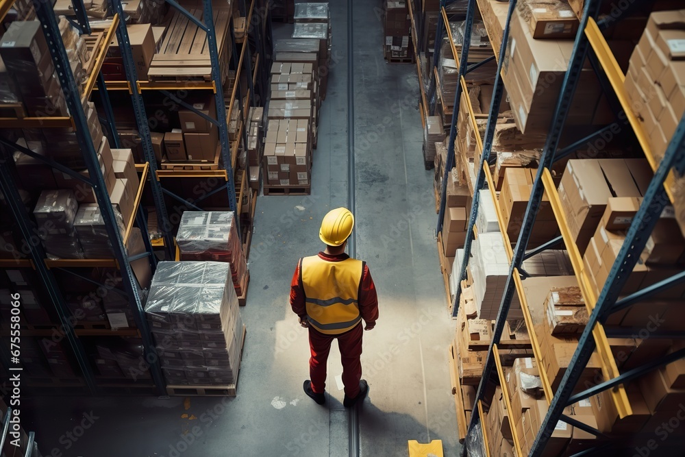 View from top of the warehouse, an employee worker in hard hat carries goods View from top of the warehouse, an employee worker in hard hat carries goods
