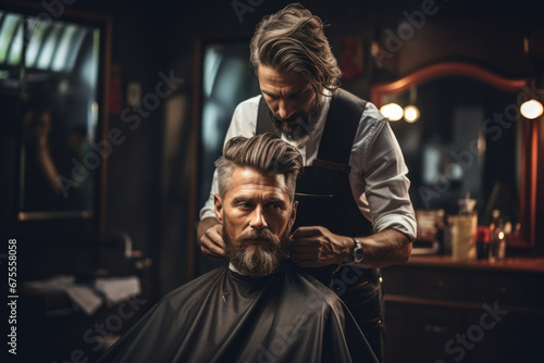 A barber carefully trimming a client's hair, creating a clean and polished look. Concept of hairstyling and personal grooming. Generative Ai.