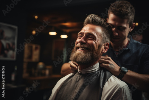 A barber carefully edging a client's neckline, ensuring a crisp and clean finish. Concept of attention to detail and professionalism. Generative Ai.
