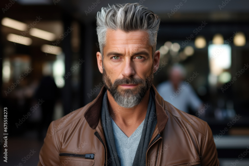 A well-groomed man leaving a barbershop, showcasing his polished appearance and confidence. Concept of self-care and personal image. Generative Ai.