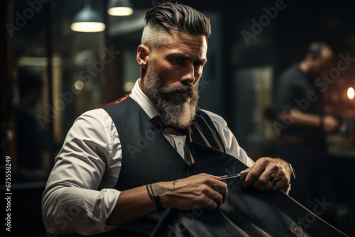 A barber finishing a haircut with a straight razor line-up, creating a sharp and well-defined look. Concept of stylish grooming. Generative Ai. photo