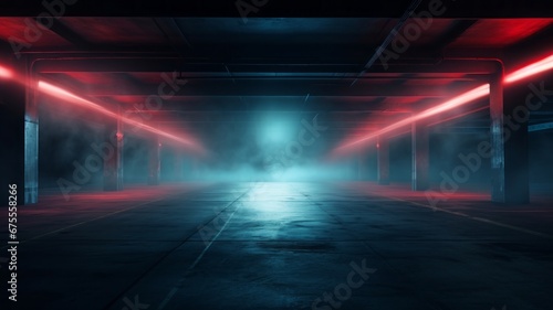 empty parking garage background with dappled light streaking across the floor and walls, muted cyan and red tones, cyc, empty, fog, smoke, abstract © Bird Visual