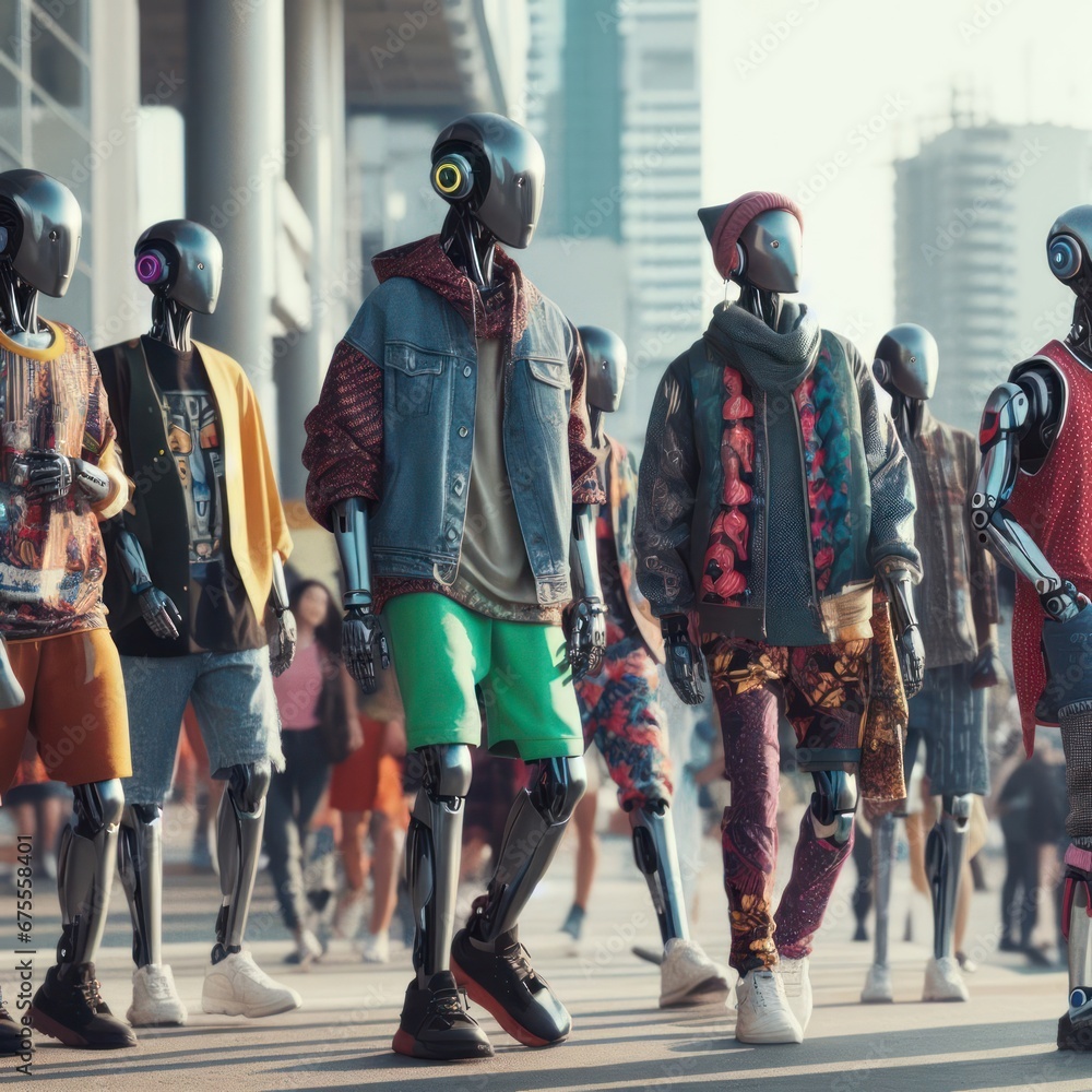 Naklejka premium futuristic teenage humanoid robots in street wear