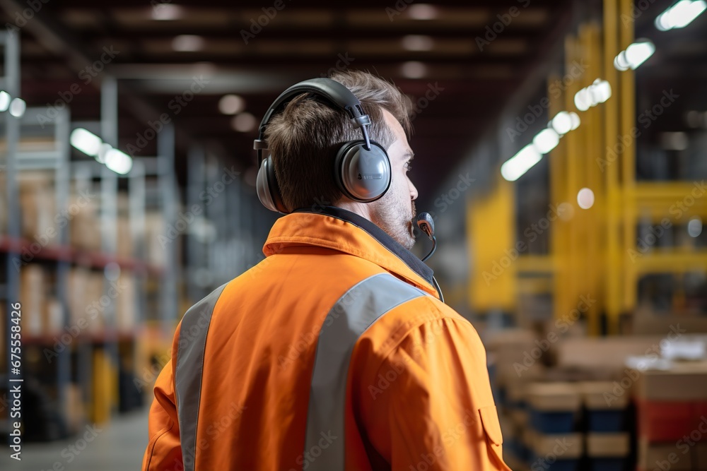 Worker wearing safety headphones indoors, back view. Hearing protection device Worker wearing safety headphones indoors, back view. Hearing protection device