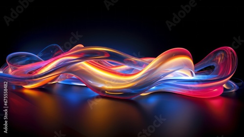 background, with colorful abstract wave forms background, an empty bright scene, neon lights, wet ground, spotlights