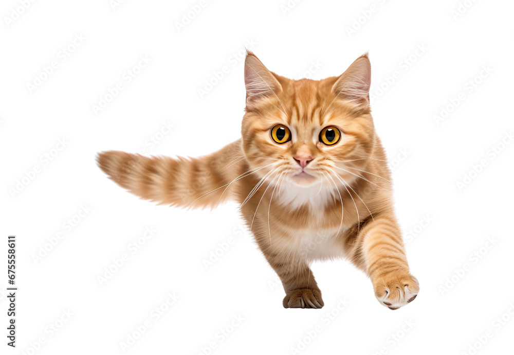 ginger cat running on a white and isolated ginger cat running on a white and isolated