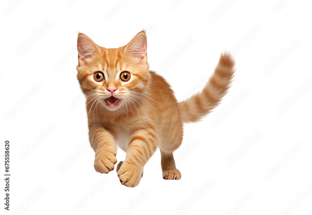 ginger cat running on a white and isolated