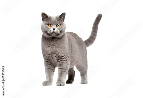 British Shorthair cat walks on a white and isolated