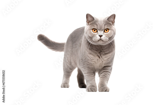 British Shorthair cat walks on a white and isolated