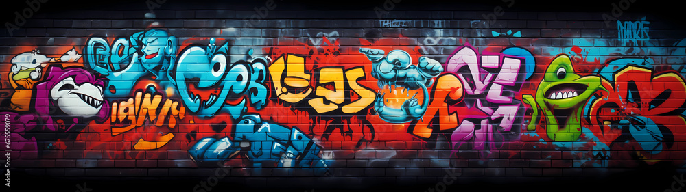 Fototapeta premium A striking and urban canvas unfolds, with an ultra-wide background portraying a brick wall adorned from top to bottom with vibrant graffiti art