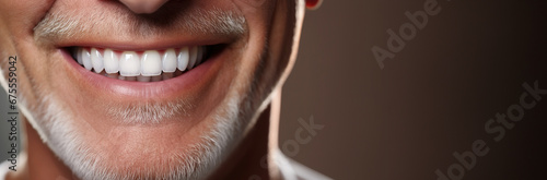 Generative AI, senior man mouth or teeth smiling, hygiene or dental cleaning cosmetic service.. photo