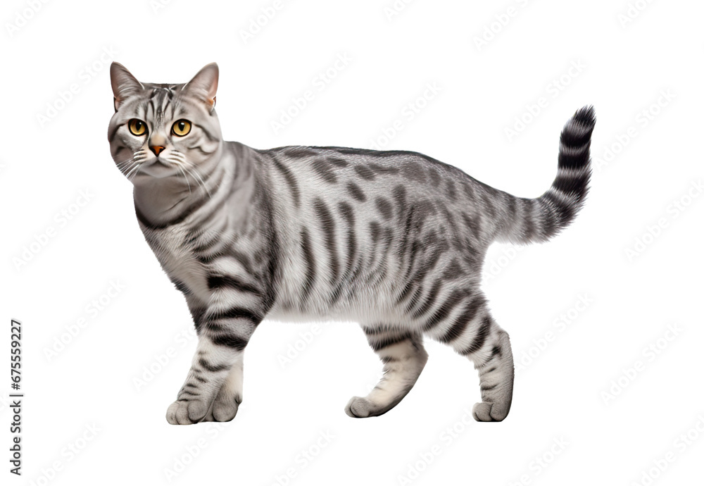 American Shorthair cat walks on a white and isolated American Shorthair cat walks on a white and isolated