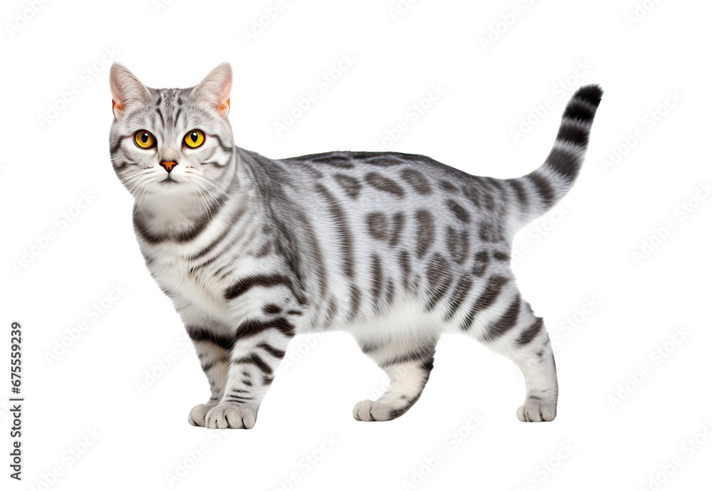 American Shorthair cat walks on a white and isolated