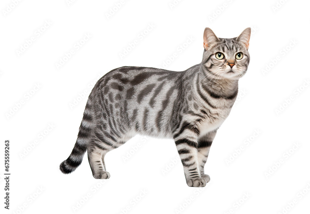 American Shorthair cat walks on a white and isolated