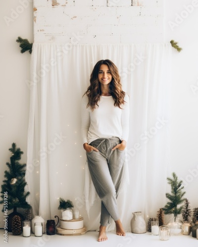 Simple Christmas holiday background with beautiful girl.