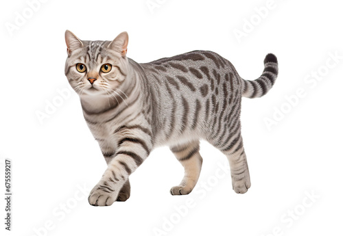American Shorthair cat walks on a white and isolated