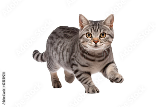 American Shorthair cat running on a white and isolated