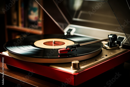 A retro record player spinning a vinyl record