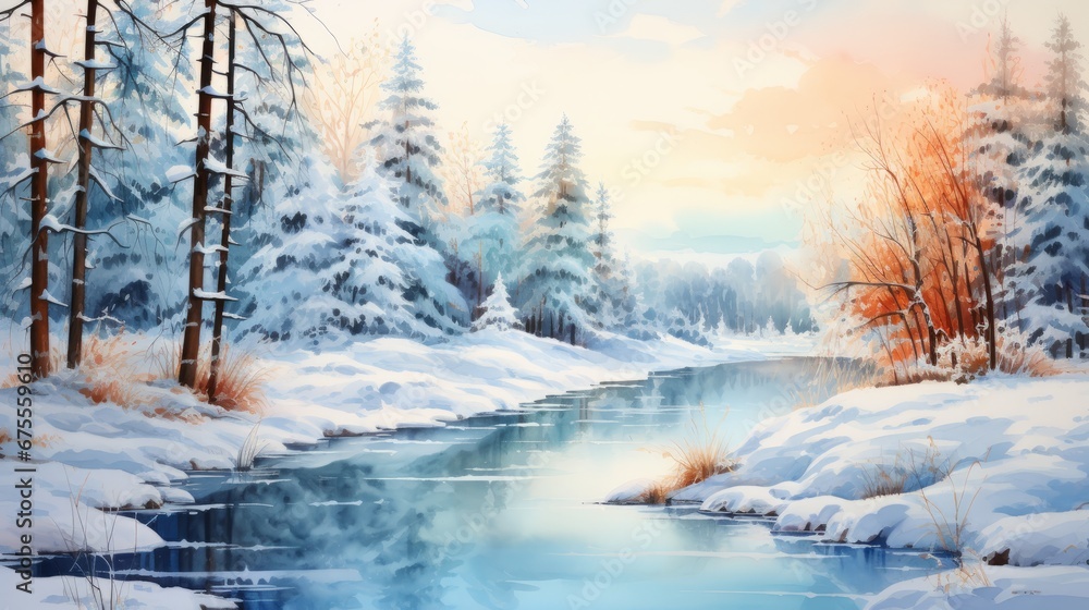 Fototapeta premium watercolor wonderful winter landscape