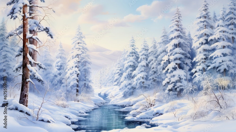 Obraz premium watercolor wonderful winter landscape
