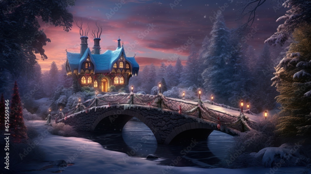 Fototapeta premium Christmas backdrop with snow-covered bridge over gently flowing river. Winter forest with frosted trees.