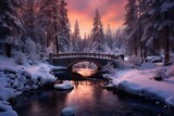 Christmas backdrop with snow-covered bridge over gently flowing river. Winter forest with frosted trees.