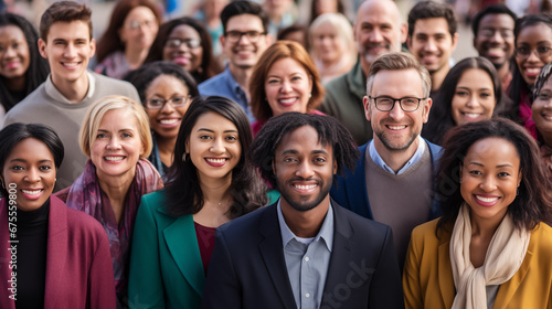 Group portrait of smiling multicultural team, diverse people displaying unity