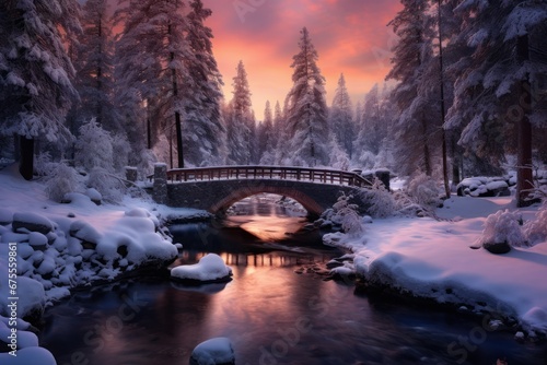 Christmas backdrop with snow-covered bridge over gently flowing river. Winter forest with frosted trees. © Sergio Lucci