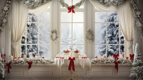 Christmas background with big window in the middle  gift boxes  candles. White  red colors.