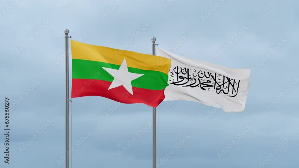 Myanmar flag and Afghanistan flag waving together on cloudy sky, endless seamless loop Myanmar flag and Afghanistan flag waving together on cloudy sky, endless seamless loop