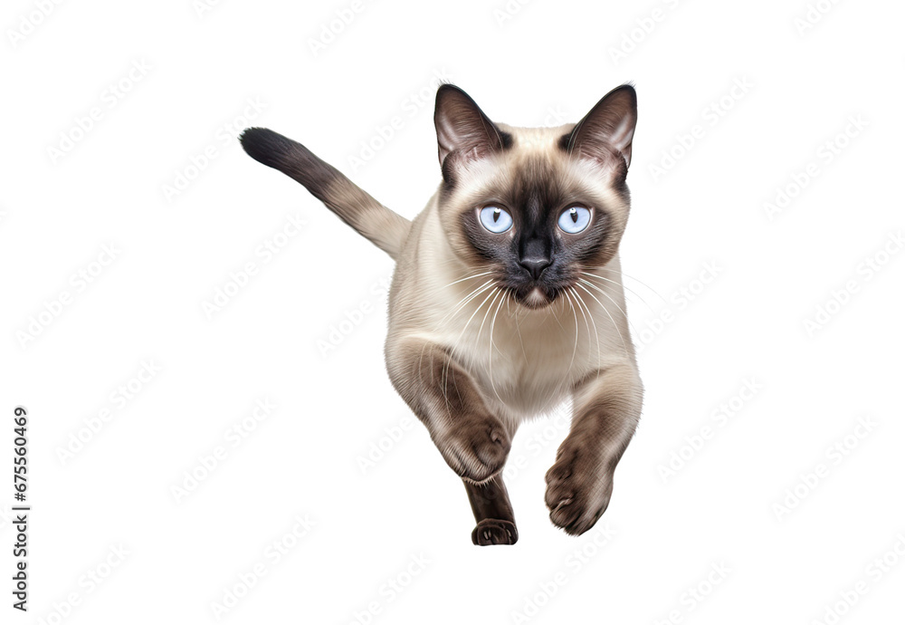 Siamese cat running on a white and isolated