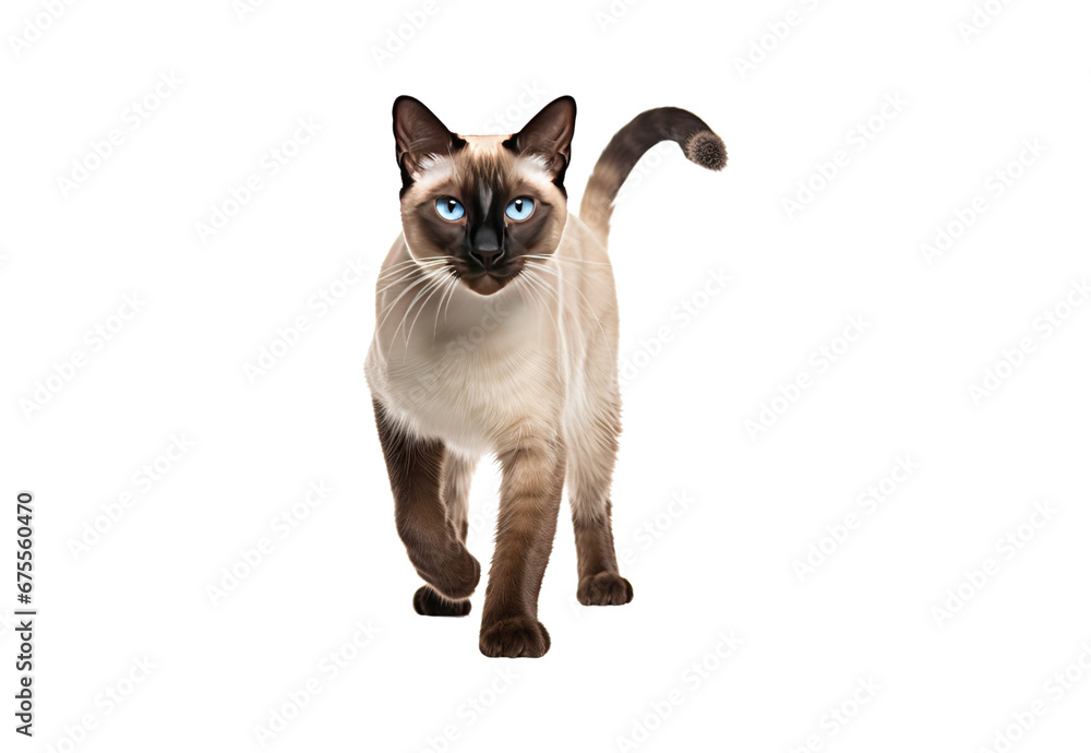 Siamese cat walks on a white and isolated