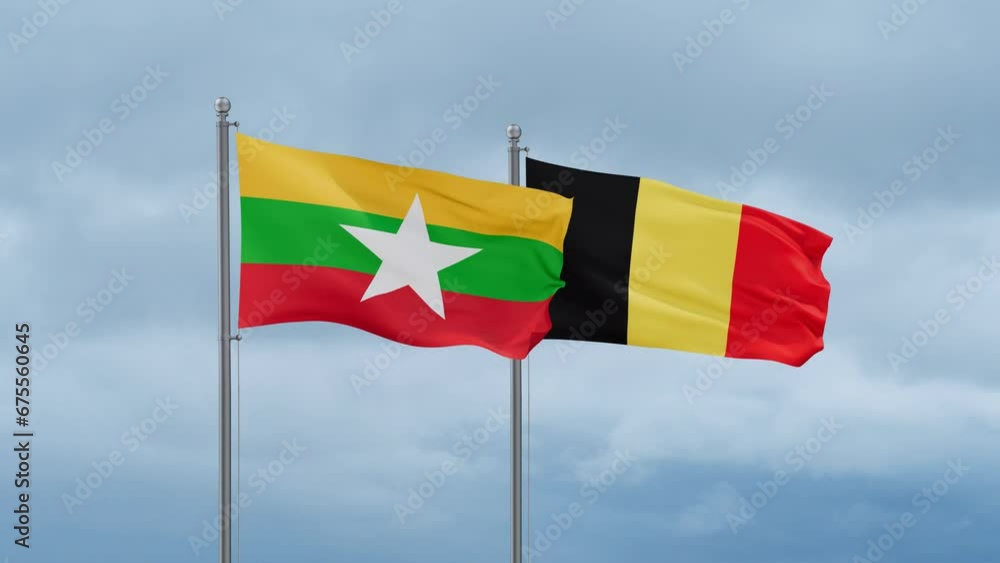 Belgium flag and Myanmar flag waving together on cloudy sky, endless seamless loop, two country relations concept Belgium flag and Myanmar flag waving together on cloudy sky, endless seamless loop, two country relations concept