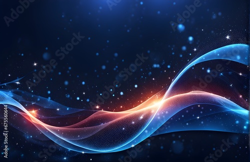 Abstract dark blue background with glowing particles, waves, and stars. Starscapes,, galaxy, futuristic world. Designed for banners, wallpaper.