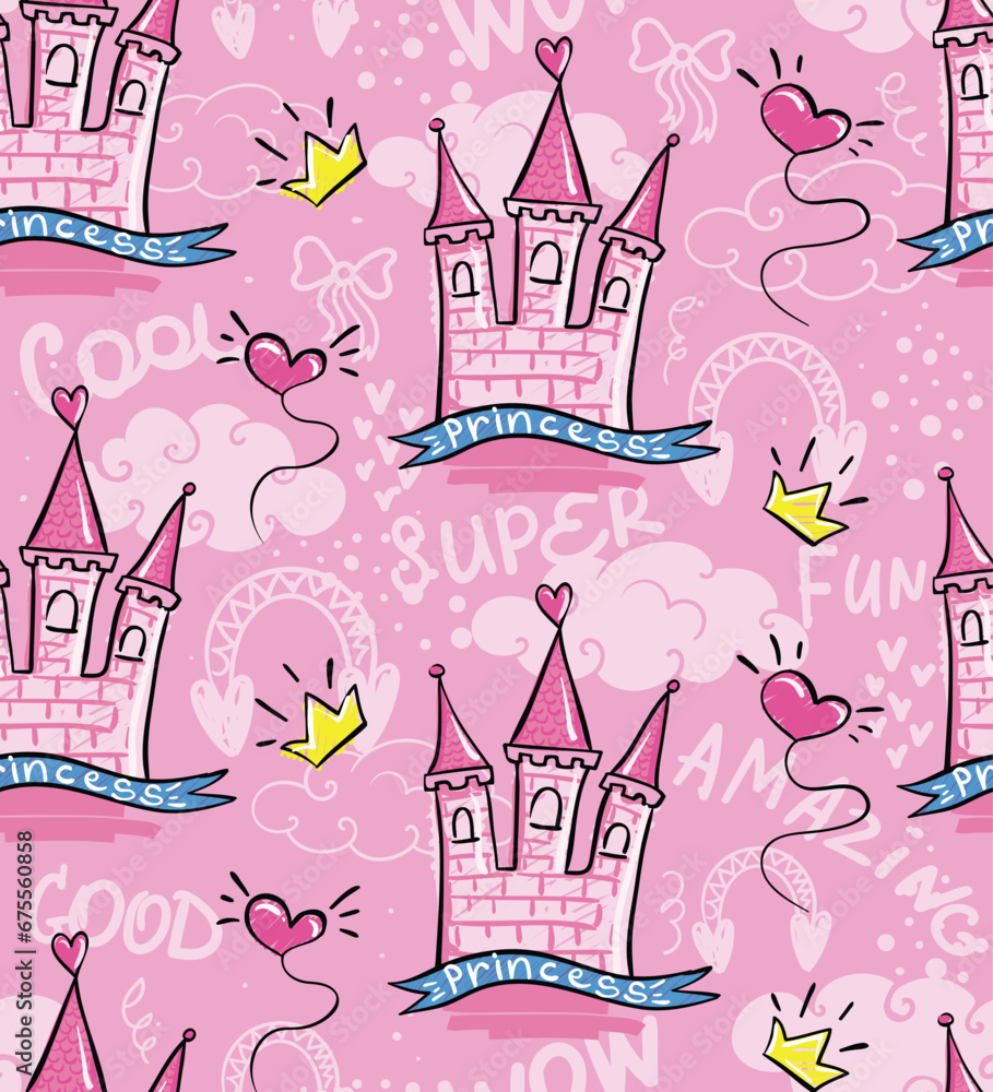 Princess seamless pattern with castle, clouds, crown. text Super, cool, amazing. Repeat girlish print on pink background.