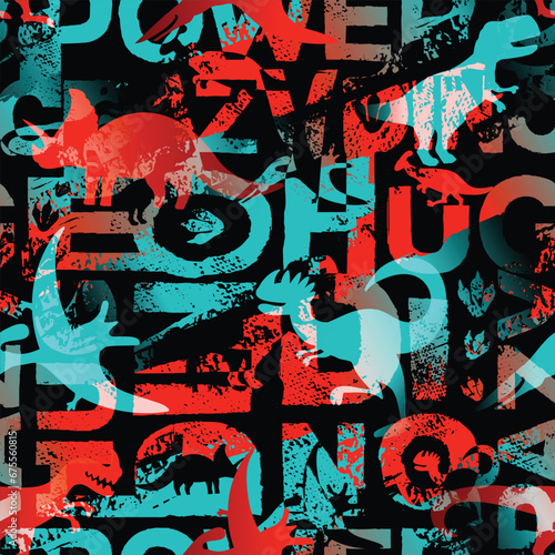 Grunge lettering seamless pattern with dino. Dinosaurs repeat print on typography grunge background. T rex ornament for sport textile, boy clothes.