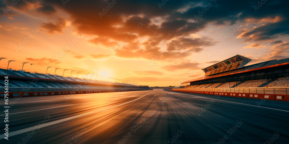 F1 race track circuit road with motion blur and grandstand stadium for Formula One racing - obrazy, fototapety, plakaty 