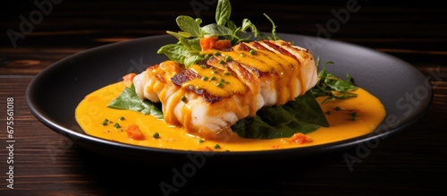 The texture of the grilled fish fillet was perfectly flaky and paired well with the vibrant orange curry sauce showcasing a harmonious fusion of cooking techniques and spices to create a nu photo