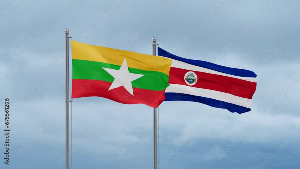Costa Rico and Myanmar flag waving together on cloudy sky, endless seamless loop, two country cooperation concept Costa Rico and Myanmar flag waving together on cloudy sky, endless seamless loop, two country cooperation concept