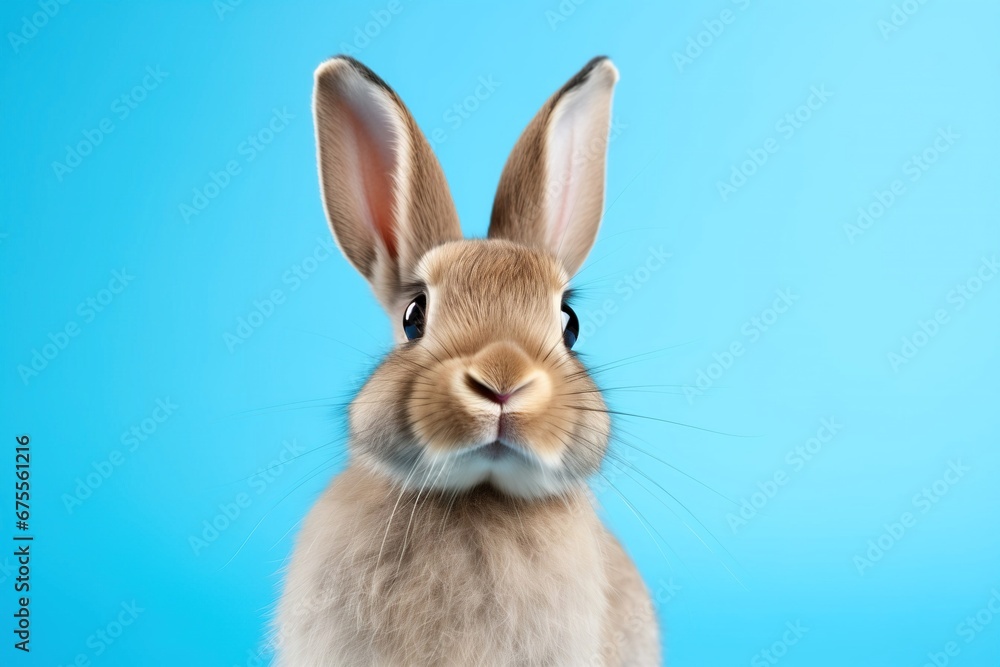 Adorable bunny with a curious gaze on blue background 