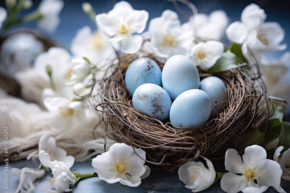 Serene Easter composition with a nest of blue eggs and soft blossoms Serene Easter composition with a nest of blue eggs and soft blossoms