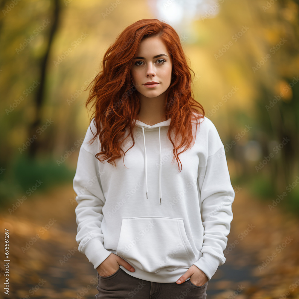 redhead girl wearing a white hoodie mockup redhead girl wearing a white hoodie mockup