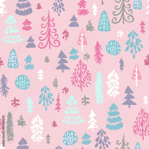 Vector seamless repeat pattern with hand drawn Christmas trees of whimsical shapes in pink, blue, purple pastel and white.