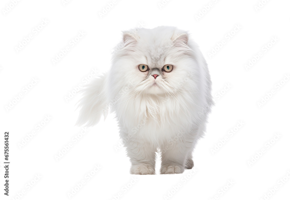 Persian cat walking on a white and isolated
